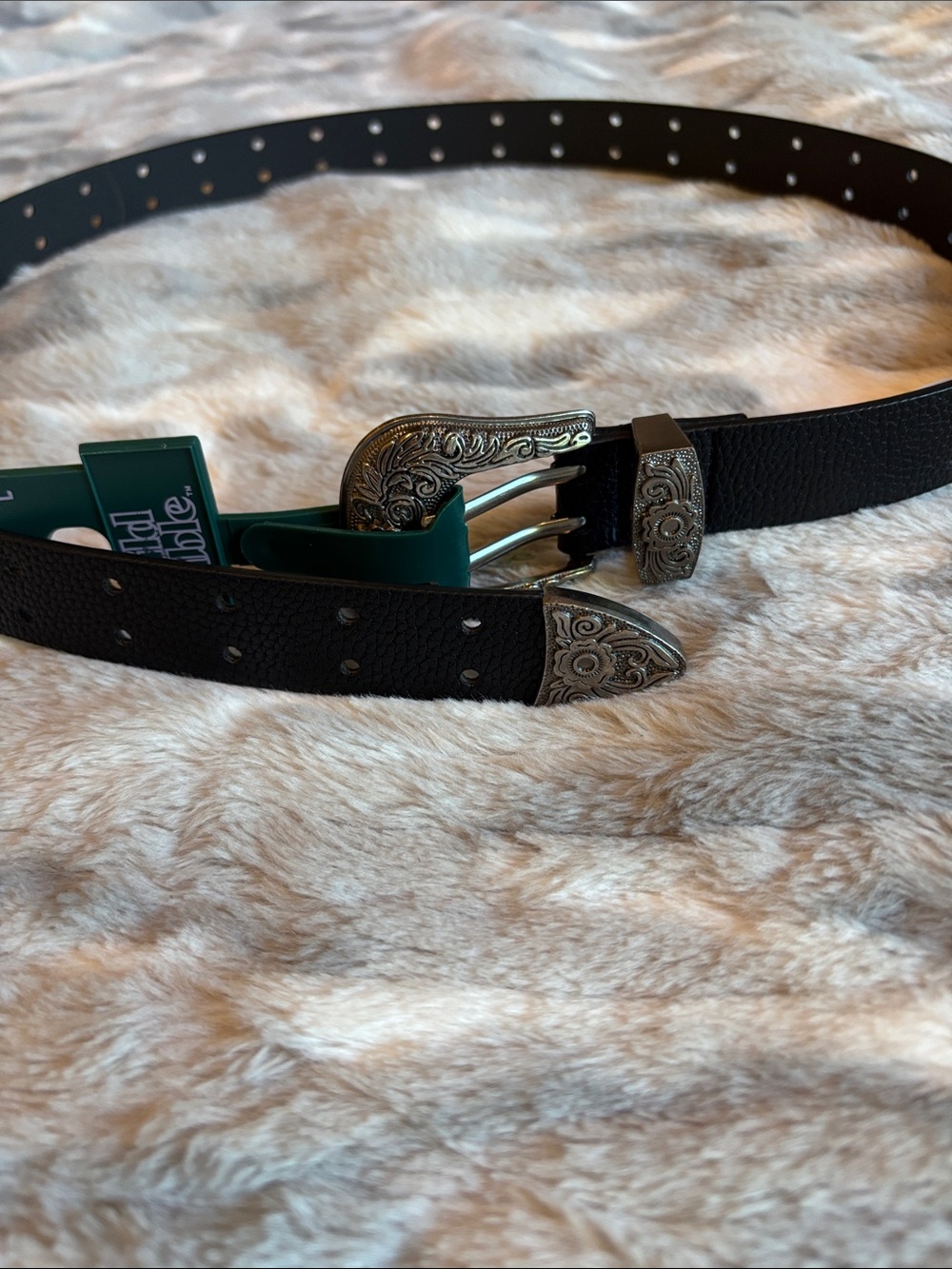 wild fable Black Western-Style Belt with Ornate Silver-Tone Buckle